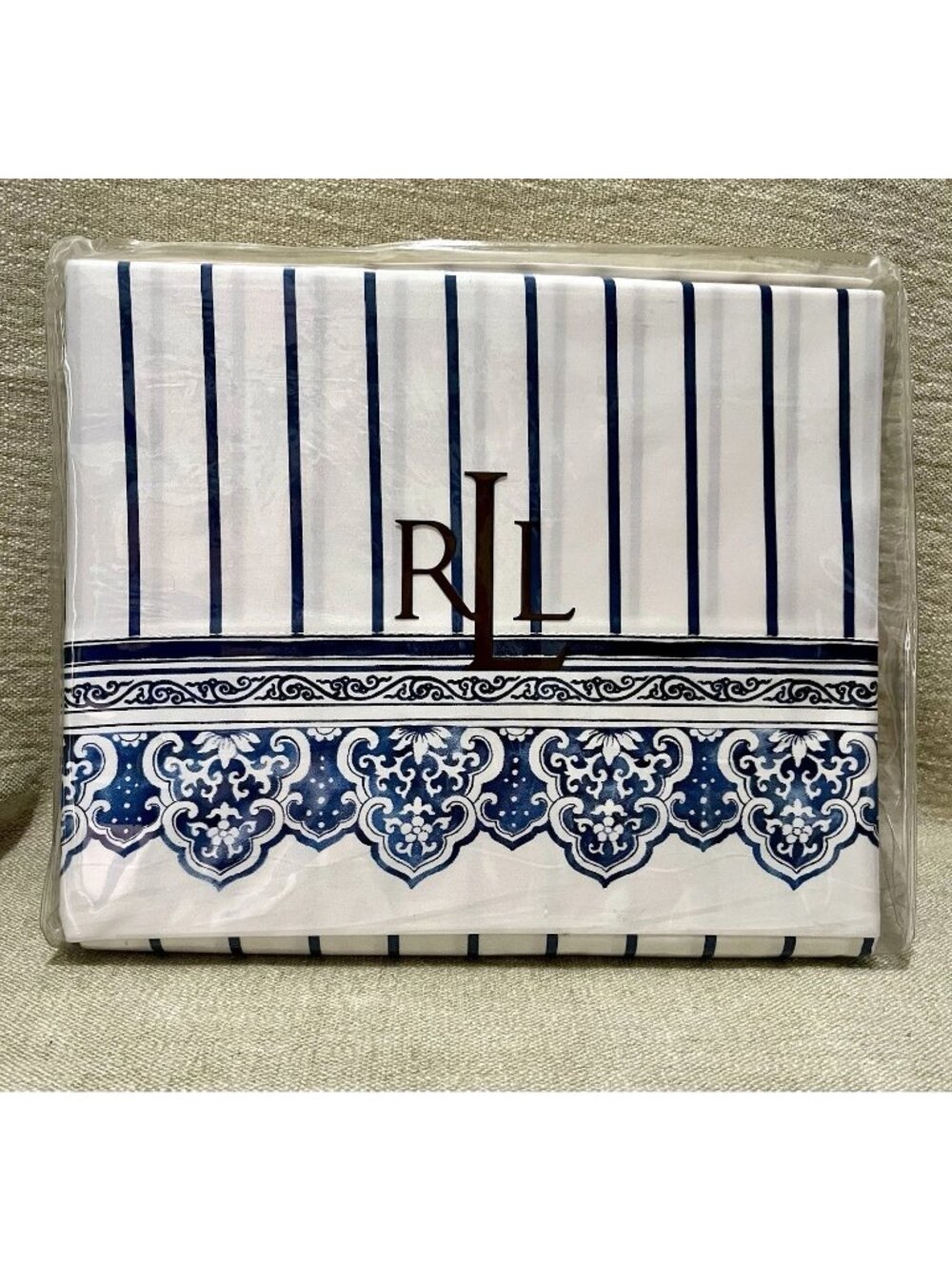 Vintage Ralph Lauren Palm Harbor Queen Flat Sheet Blue White Striped Medallion